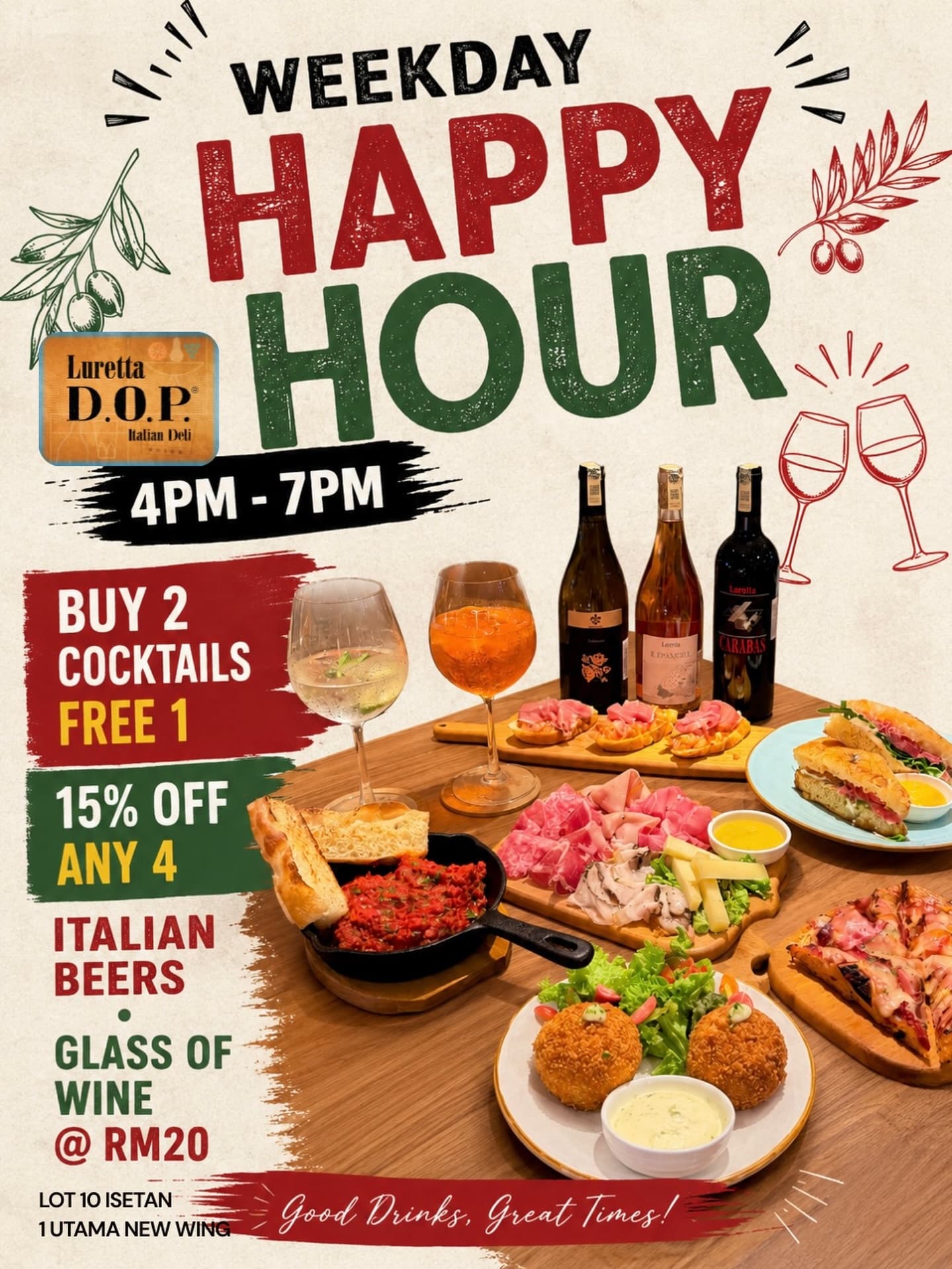 Happy Hour @ Luretta DOP | 4PM – 7PM, Weekdays
